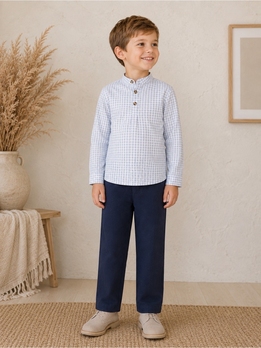 Edgehill Collection Boys Check Light Blue Long Sleeve Shirt and Pants Set 6